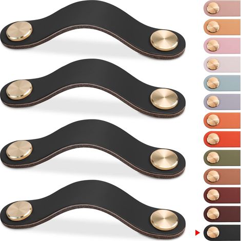 (4 Stück) Möbelgriffe aus Leder, Schranktürknöpfe, Schubladengriffe aus Kunstleder, Kommoden-, Küchen- und Badezimmergriffe (Schwarz, 96 mm) (1/5)