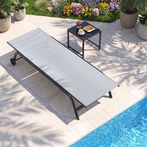 Set de chaise longue de piscine extérieure 6 positions avec roues et inclinaison complète 180° - gris (1/5)