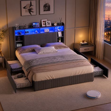 JOOKGBD - Doppelbett 160x200 cm, Jugendbett gepolstert, Kopfteil gepolstert mit LED und USB, Stauraum 4 Schubladen, Lattenrost inklusive, Stabile Konstruktion, Leinen, Grau, ohne Matratze (1/5)