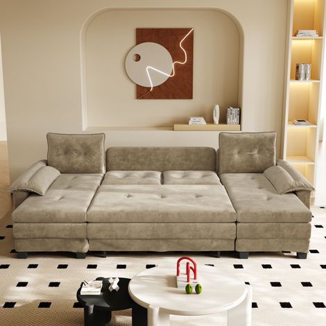 Canapé convertible 278 cm en chenille - fonction lit - rangement intégré - coussins inclus - mousse - camel (1/5)