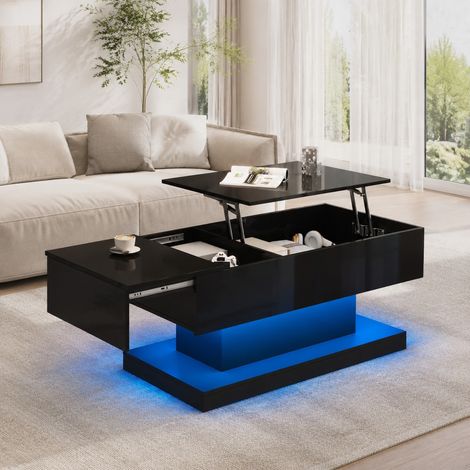 Mesa de centro LED elevable 100 x 50 x 45 cm con almacenaje, tablero deslizante, negro DESVIAE (1/5)