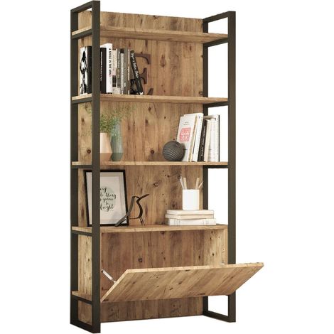 Libreria Georges, Biblioteca 4 Ripiani, Un'anta, Installazione a Terra, 90x34x180h cm Marrone Quercia