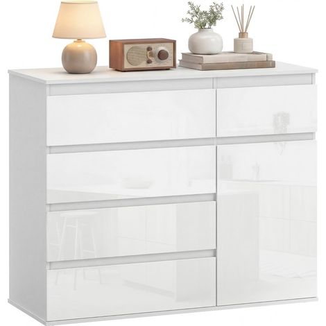 Buffet moderne blanc brillant, avec 5 tiroirs, étagère réglable et porte à fermeture douce, offrant un grand espace de rangement