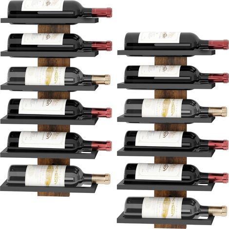 Lot de 2 - Porte Bouteille - Étagère à Vin - Rangement Mural 6 Niveaux - Bois et Métal - Cuisine Bar Cave - Noir - 27,5x10,2x60cm (1/5)