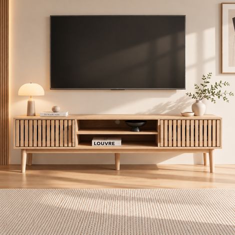 TV-Lowboard 150 cm, mit offenen Fächern und 2 Aufbewahrungstüren, Skandinavischer Stil, 5 Beine aus Massivholz, Helles Holz (1/5)
