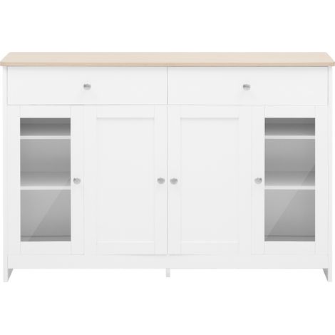 Aparador buffet blanco con veta de madera, 4 puertas y 2 cajones, MDF (1/5)