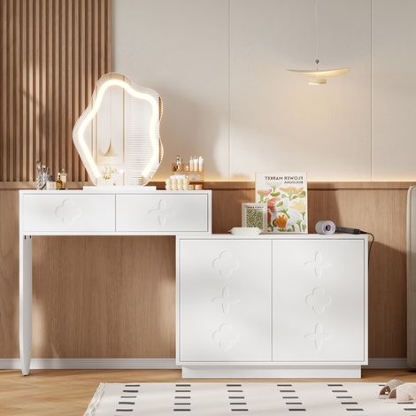 Toeletta 160x40x132 cm bianco in MDF, vetro e pannello truciolare con specchio LED, 2 cassetti e mobile laterale (1/5)