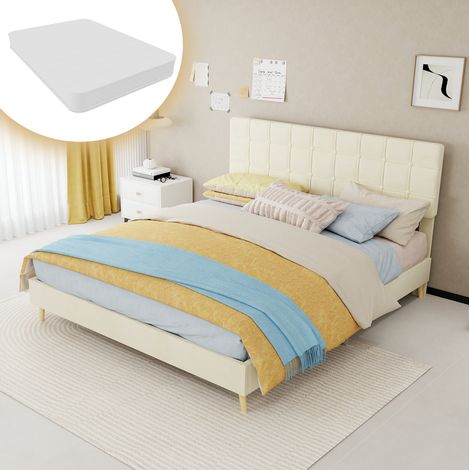 Cama doble 160x200 cm beige de tela y metal con cabecero acolchado y colchón incluido (1/5)