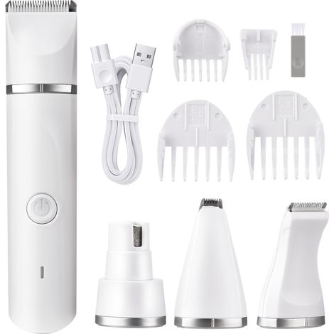 Tosatrice elettrica multifunzione 4 in 1 per cani, senza fili, silenziosa, con batteria integrata, 4 testine intercambiabili e 4 pettini distanziatori per cani di piccola e media taglia.