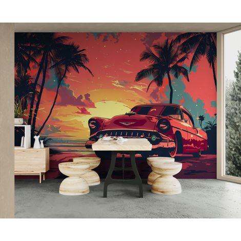 Papier peint Vintage – Voiture sunset exotique - 150 x 250 cm (1/2)