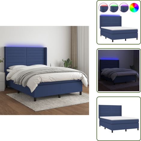 Sommier à lattes de lit matelas et LED Bleu 140x200 cm Tissu - Sommier Tapissier - Lit Avec Led - Matelas À Ressorts Ensachés - Têted Lit Ajustable - Éclairage Led (1/5)