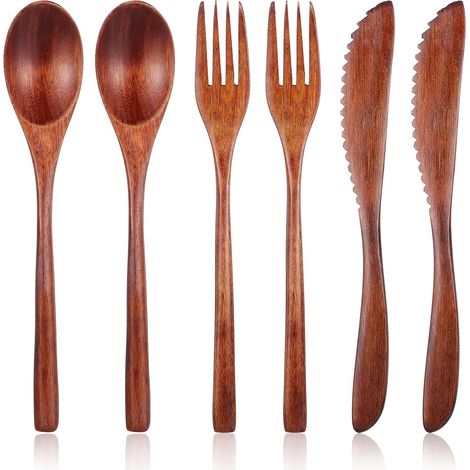 Ensemble de couverts en bois 6 pièces, vaisselle en bois, cuillères, fourchettes et raclettes réutilisables, idéal pour un usage quotidien, la famille, la maison, les voyages et le camping (1/5)