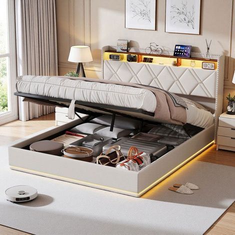 Letto Coffre 160x200 cm idraulico LED RGB, Letto contenitore pneumatico lino beige stazione di ricarica, Letto matrimoniale sollevato design moderno