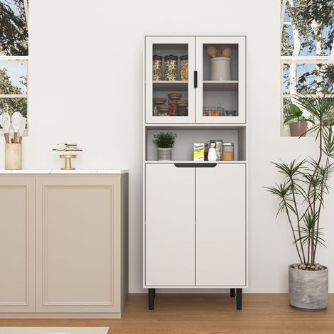 Grande bibliothèque avec portes en verre trempé et étagères réglables – Armoire en MDF laqué à 4 portes, blanche, pour rangement dans salon et chambre