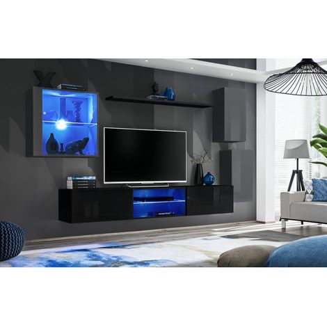 Ensemble meuble TV mural Switch XXIII - L 250 x P 40 x H 140 cm - Noir et gris - Livraison gratuite