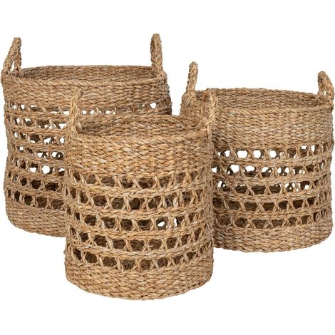 Panier cache-pot rond avec poignées, tressage ajouré (lot de 3) (1/4)