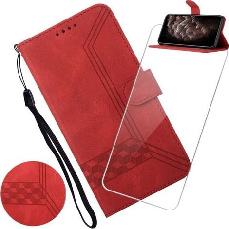 Coque Pour Samsung Galaxy A12-M12-F12 6.5\" Etui rouge Housse Téléphone Style dépoli rétro Cuir étui à rabat Magnétique +Verre