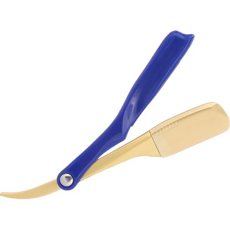 Porte-lame de rasoir homme pliable, manuel, outil de rasage visage, manche bleu, tête dorée, coupe-barbe classique (1/5)