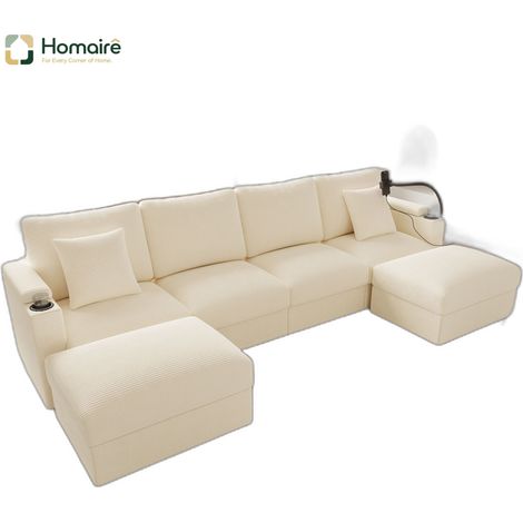 Canapé modulable en velours côtelé beige avec rangement, accoudoirs et port USB 275,5 x 139 x 87 cm HOMAIRE (1/5)