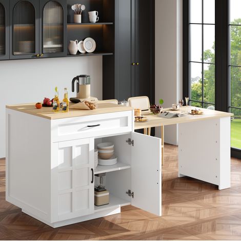 Mesa bar extensible 133-202x70x93.5 cm blanca en MDF con almacenaje integrado (1/5)