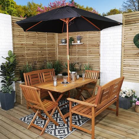 Outdoor 6 Person Folding Rectangular Wooden Garden Patio Dining Table Chairs and 2 Benches Parasol and Base set (1/5)
