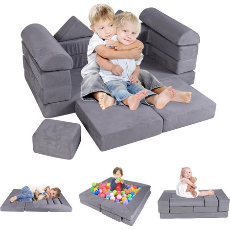GOPLUS 9PCS Canapé Enfant Convertible, Canapé de Jeu Modulaire avec Housse en Tissu Suédé, Jeu en Blocs de Mousse, Piscine à Balle, Chauffeuse Enfant 2 Places pour 3+ Ans (Gris) (1/5)