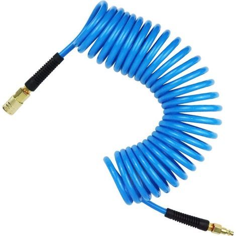 7.5m long PU compressed air hose, 6mm ID x 9.5mm OD, with 1/4" quick-connect fittings, bend limiter, blue (1/5)