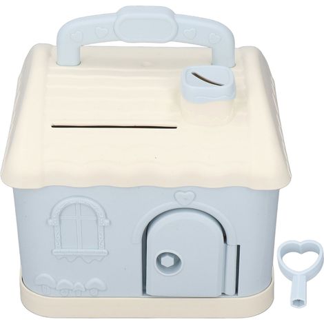 Tirelire décorative bleue en plastique rigide en forme de maison verrouillable, pratique et amusante pour anniversaire, jouet de rangement (1/5)