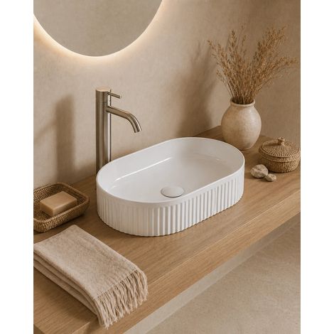 Exagonshop Lavabo 50x32 Roma cannettato ovale da appoggio bianco