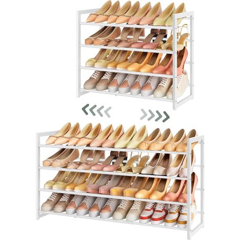 Étagère à Chaussures Extensible à 4 Niveaux, Rangement Ajustable pour Chaussures, en Métal, réglable, Peu encombrante, Robuste, pour Entrée, Placard, Assemblage Facile, Blanc (1/5)