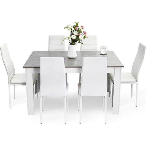 Mondeer – Ensemble table et chaises 6 chaises – Table à manger en bois de pin 138x90x75 cm – Dossier haut ergonomique – Gris et blanc