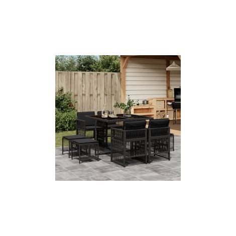 Ensemble à manger de jardin 9pcs coussins noir résine tressée (1/5)
