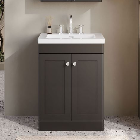 Nuie Classique Floor Standing 2-Door Vanity Unit with 3TH Contemporary Basin 600mm Wide - Satin Anthracite