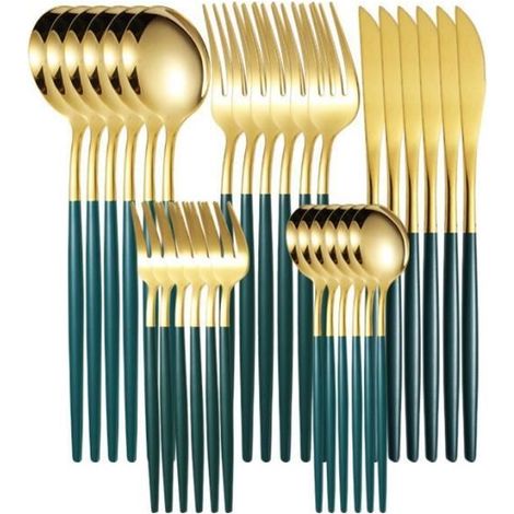 Set de couverts en acier inoxydable (couteau, fourchette et cuillère) 30 pièces, set de couverts pour 6 personnes, vert et or (1/3)