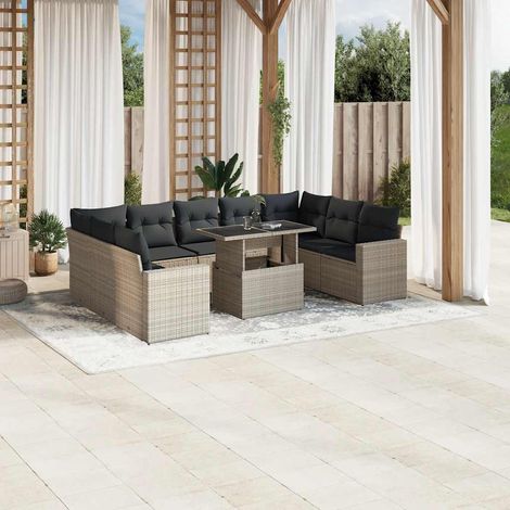 Set sofás jardín 10 pzas con cojines ratán sintético gris claro
