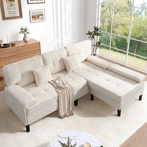 Canapé d'angle en L 3 places convertible en lit, chenille grise, méridienne incluse, repose-pieds amovible, 195 cm, idéal petit espace