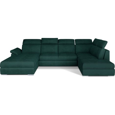 Canapé panoramique convertible LEVANO velours - Rangement et appuie-têtes réglables-Vert foncé-Coffre à gauche (1/5)