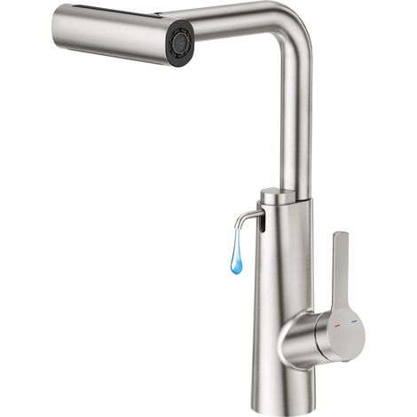 Robinet de Cuisine Cascade Distributeur de Savon Encastrable,avec 4 Modes Douchette Extensible,Mitigeur Cuisine en Acier Inoxydable Robinet Douchette Cuisine de Rotatif à 360°,Brossé (1/4)