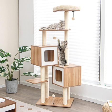 COSTWAY Kratzbaum Holz 163 cm, 6-stöckiger Katzenbaum Groß, Katzenkratzbaum mit 2 Höhlen & 2 Matten & 3 Spielbällen, Kletterbaum für Hauskatzen, Katzenmöbel Katzen Aktivitätsbaum, Beige+Natur