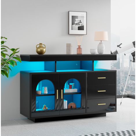 Buffet LED noir 120 x 40 x 80 cm, 3 tiroirs et 2 portes, panneaux brillants (1/5)