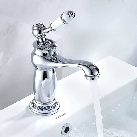 Grifo mezclador de lavabo de cerámica de latón, grifo para fregadero de cerámica, blanco y negro, cuello largo, diseño floral vintage, con entrada de agua fría/caliente, grifo para baño y cocina (crom (1/5)