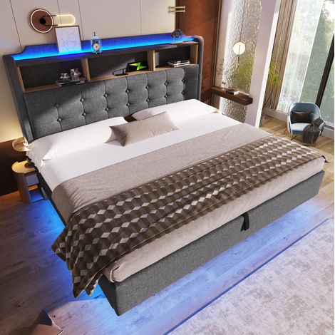 Etagenbett 180/200 cm in Grau mit LED-Lichtleiste, hydraulischem Stauraum und USB/Type-C (1/5)