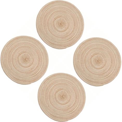 4 Ronds-de-serviette tressés en coton, résistants à la chaleur, style scandinave, couleur kaki, pour bols et assiettes (1/5)
