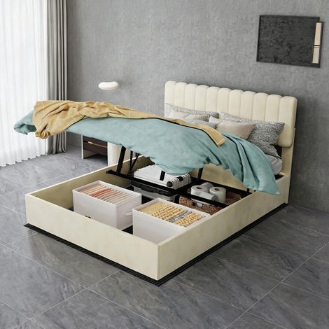Tête de lit beige en tissu métal 200 x 140 x 156 cm (1/5)
