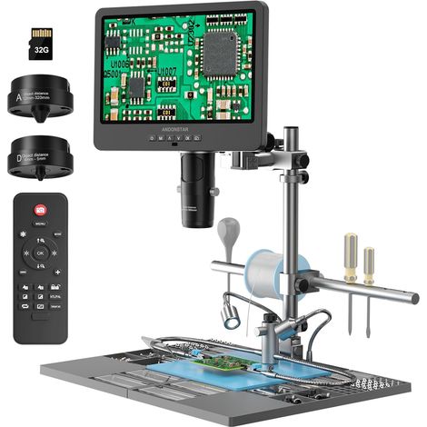 Microscope numérique à souder HDMI 10,1'' pour réparation électronique, enregistrement vidéo 2000x 3 lentilles 2160p UHD, station de microscope à souder avec mains aidantes (1/5)
