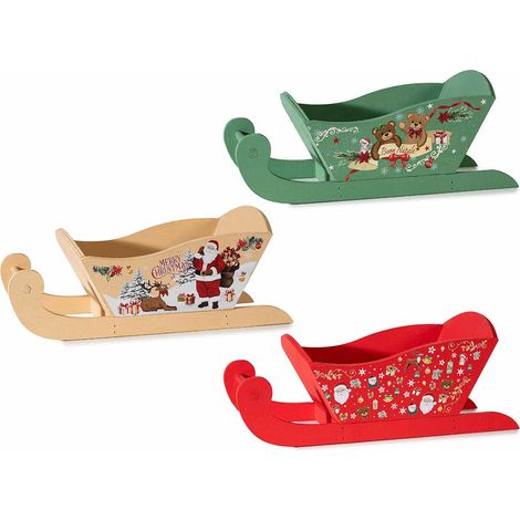 Cestini / cassette in legno colorate a forma di slitta con stampa natalizia, set da 3 pezzi, cm 29 x 13,5 x 12 H