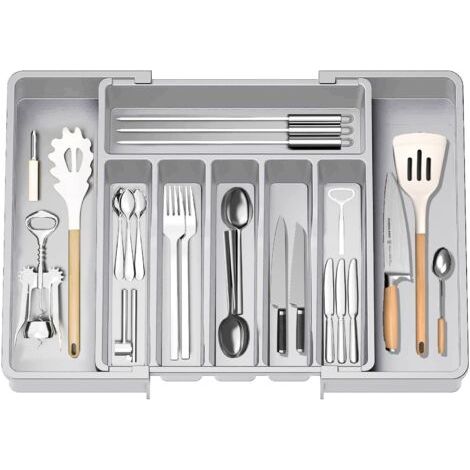 BUNTHAUS Expandable Utensil Tray for Drawer, Cutlery Organizer, Drawer Organizer for Kitchen, Plastic Storage Holder for Cutlery, Spoons, Forks, Etc, Grey (1/5)