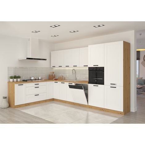 Azura Home Design – Ensemble cuisine en L LUNA blanc/chêne 210x350 cm – 2 colonnes avec armoires 600x2100mm – Tiroirs PREMIUM BOX avec fermeture SOFT CLOSE (1/5)