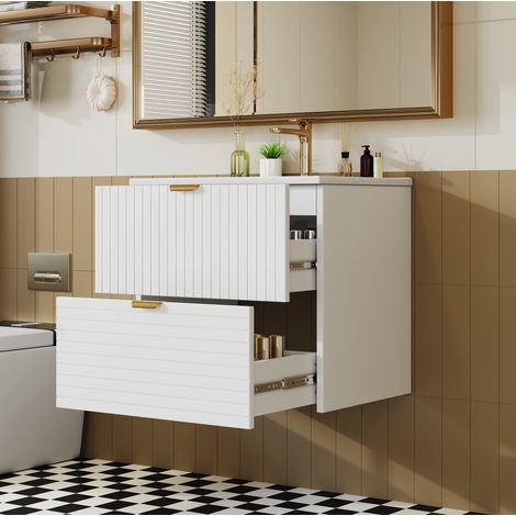Meuble vasque suspendu 61 x 46 x 57 cm, MDF laqué, 2 tiroirs, blanc REDOM (1/5)