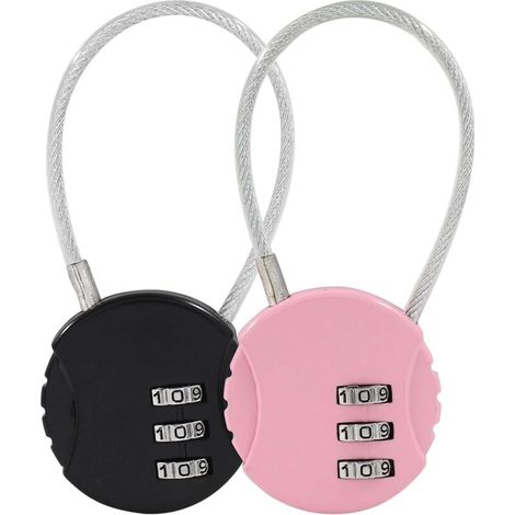Cadenas à câble en acier, lot de 2 – Cadenas à combinaison pour valise – Acier inoxydable – Rose/Noir –